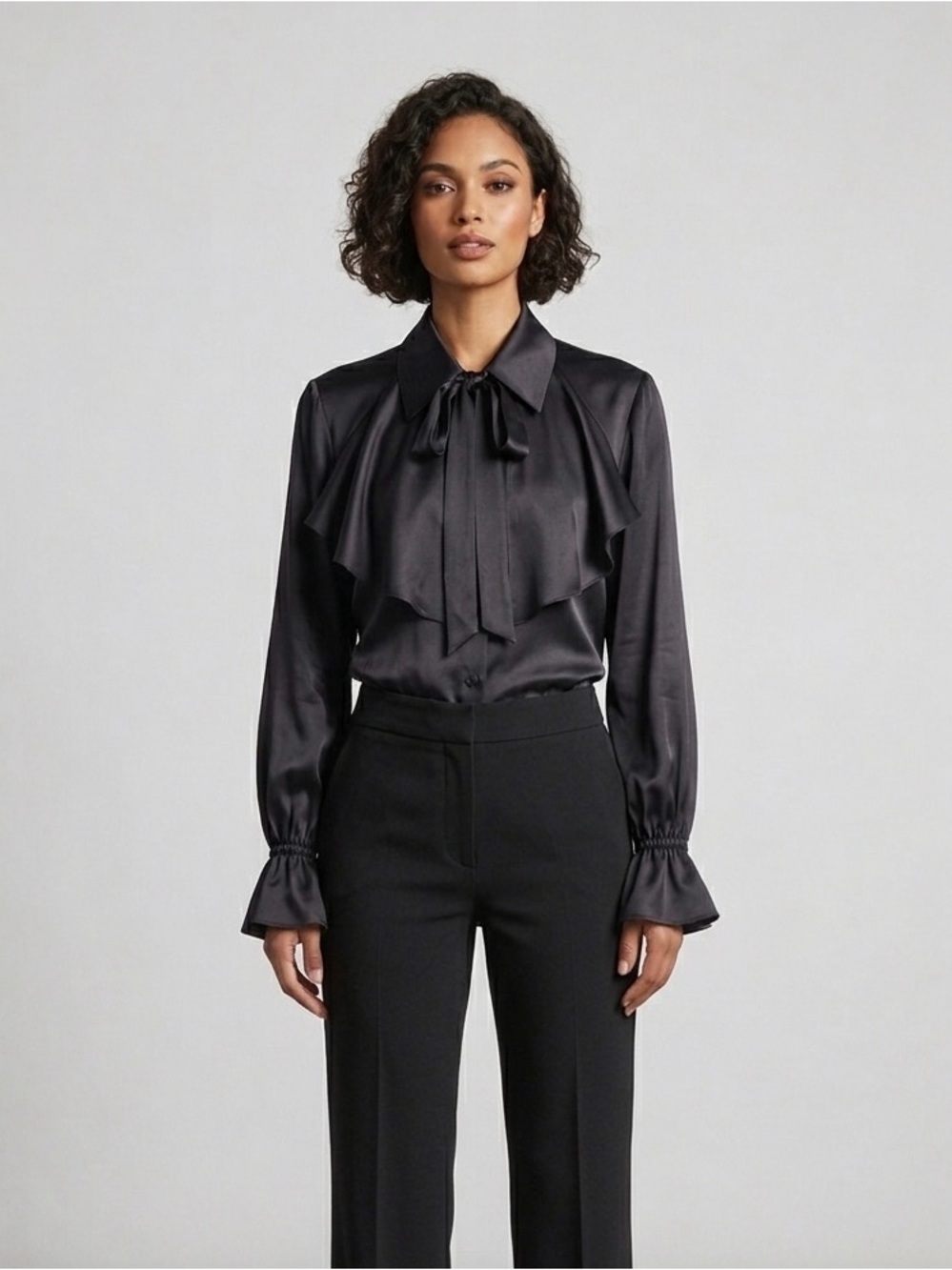 ESCADA Margaretha Ley 100% Silk Satin Blouse Tie Ruffle Quiet Luxury Sz 42 black